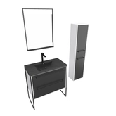 Meuble Salle de Bains 80 cm, Vasque Noire, Miroir Led et Colonne - Blanc et Noir - STRUCTURA