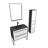 Meuble Salle de Bains 80 cm, Vasque Noire, Miroir Led et Colonne - Noir et Blanc - STRUCTURA