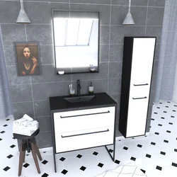 Meuble Salle de Bains 80 cm, Vasque Noire, Miroir Led et Colonne - Noir et Blanc - STRUCTURA