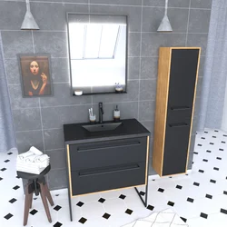 Meuble Salle de Bains 80 cm, Vasque Noire, Miroir Led et Colonne - Chêne et Noir - STRUCTURA