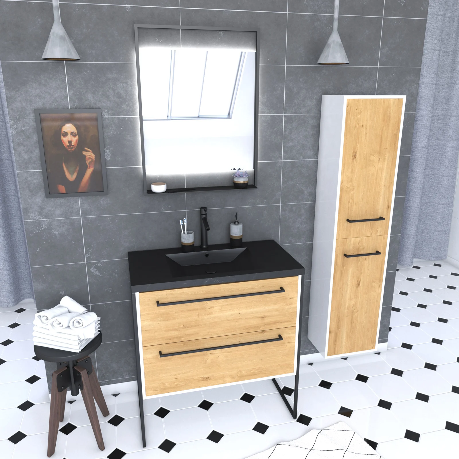 Meuble Salle de Bains 80 cm, Vasque Noire, Miroir Led et Colonne - Blanc et Chêne - STRUCTURA Meuble Salle de Bains 80 cm, Vasque Noire, Miroir Led et Colonne - Blanc et Chêne - STRUCTURA