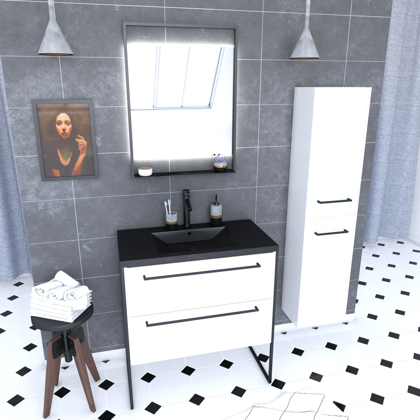 Meuble Salle de Bains 80 cm, Vasque Noire, Miroir Led et Colonne - Blanc - STRUCTURA Meuble Salle de Bains 80 cm, Vasque Noire, Miroir Led et Colonne - Blanc - STRUCTURA