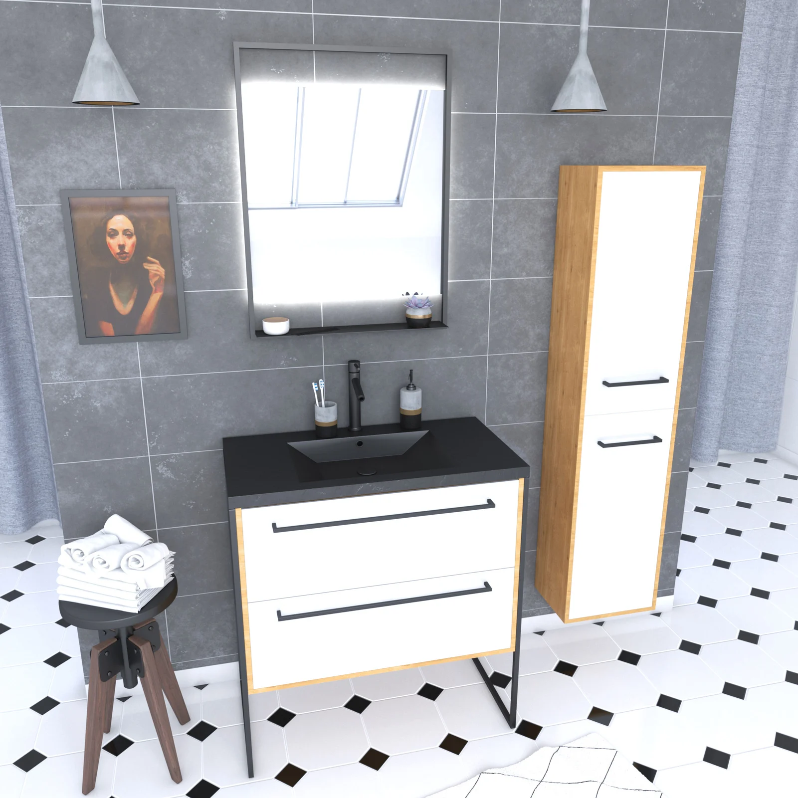 Meuble Salle de Bains 80 cm, Vasque Noire, Miroir Led et Colonne - Chêne et Blanc - STRUCTURA Meuble Salle de Bains 80 cm, Vasque Noire, Miroir Led et Colonne - Chêne et Blanc - STRUCTURA