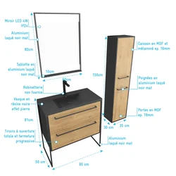 Meuble Salle de Bains 80 cm, Vasque Noire, Miroir Led et Colonne - Chêne et Noir - STRUCTURA