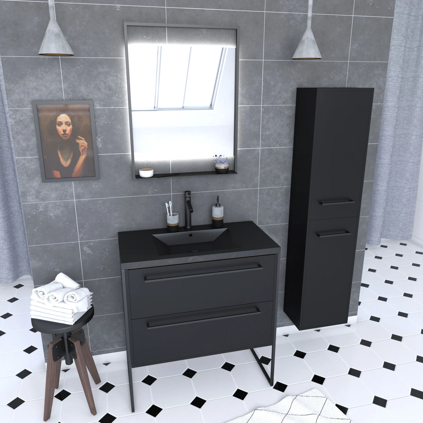 Meuble Salle de Bains 80 cm, Vasque Noire, Miroir Led et Colonne - Noir - STRUCTURA Meuble Salle de Bains 80 cm, Vasque Noire, Miroir Led et Colonne - Noir - STRUCTURA
