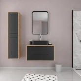 Meuble Salle de Bains 80 cm, Vasque Rectangle, Miroir et Colonne - Chêne naturel et Noir - UBY