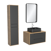 Meuble Salle de Bains 80 cm, Vasque Rectangle, Miroir et Colonne - Chêne naturel et Noir - UBY