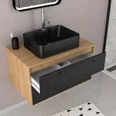 Meuble Salle de Bains 80 cm, Vasque Rectangle, Miroir Led et Colonne - Chêne naturel et Noir - UBY