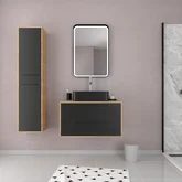 Meuble Salle de Bains 80 cm, Vasque Rectangle, Miroir Led et Colonne - Chêne naturel et Noir - UBY