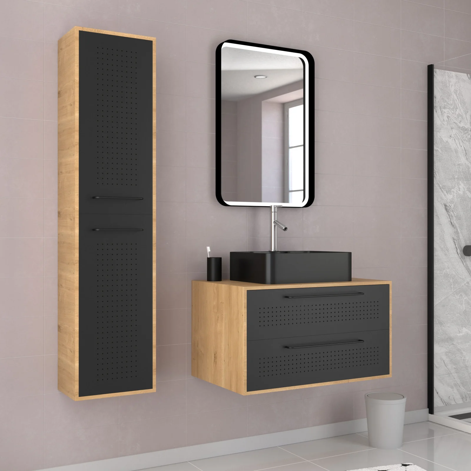 Meuble Salle de Bains 80 cm, Vasque Rectangle, Miroir Led et Colonne - Chêne naturel et Noir - UBY