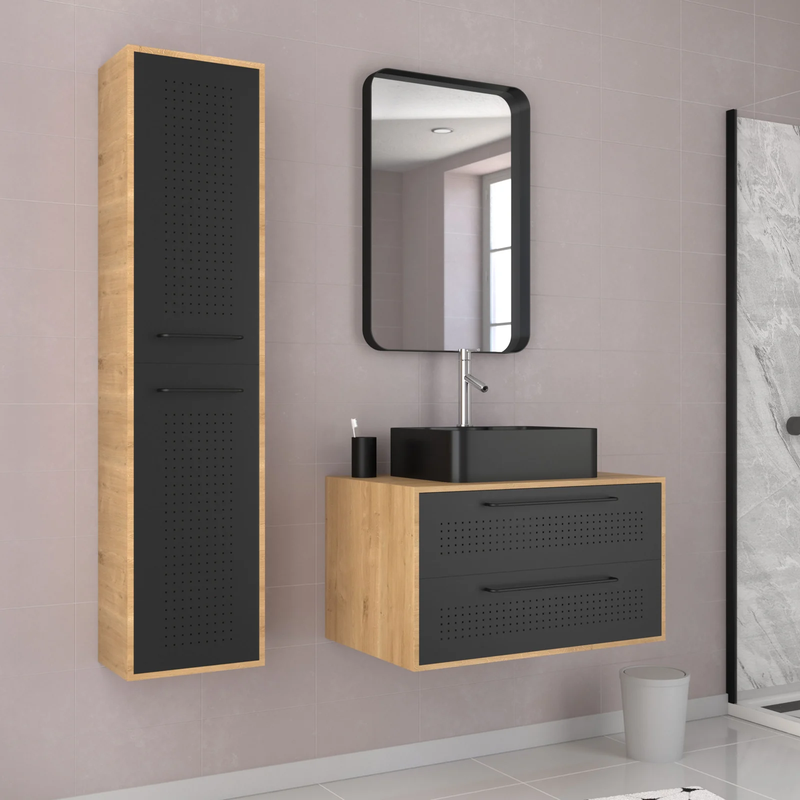 Meuble Salle de Bains 80 cm, Vasque Rectangle, Miroir et Colonne - Chêne naturel et Noir - UBY Meuble Salle de Bains 80 cm, Vasque Rectangle, Miroir et Colonne - Chêne naturel et Noir - UBY
