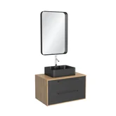 Meuble Salle de Bains 80 cm, Vasque Rectangulaire et Miroir - Chêne naturel et Noir Mat - UBY