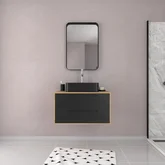 Meuble Salle de Bains 80 cm, Vasque Rectangulaire et Miroir - Chêne naturel et Noir Mat - UBY