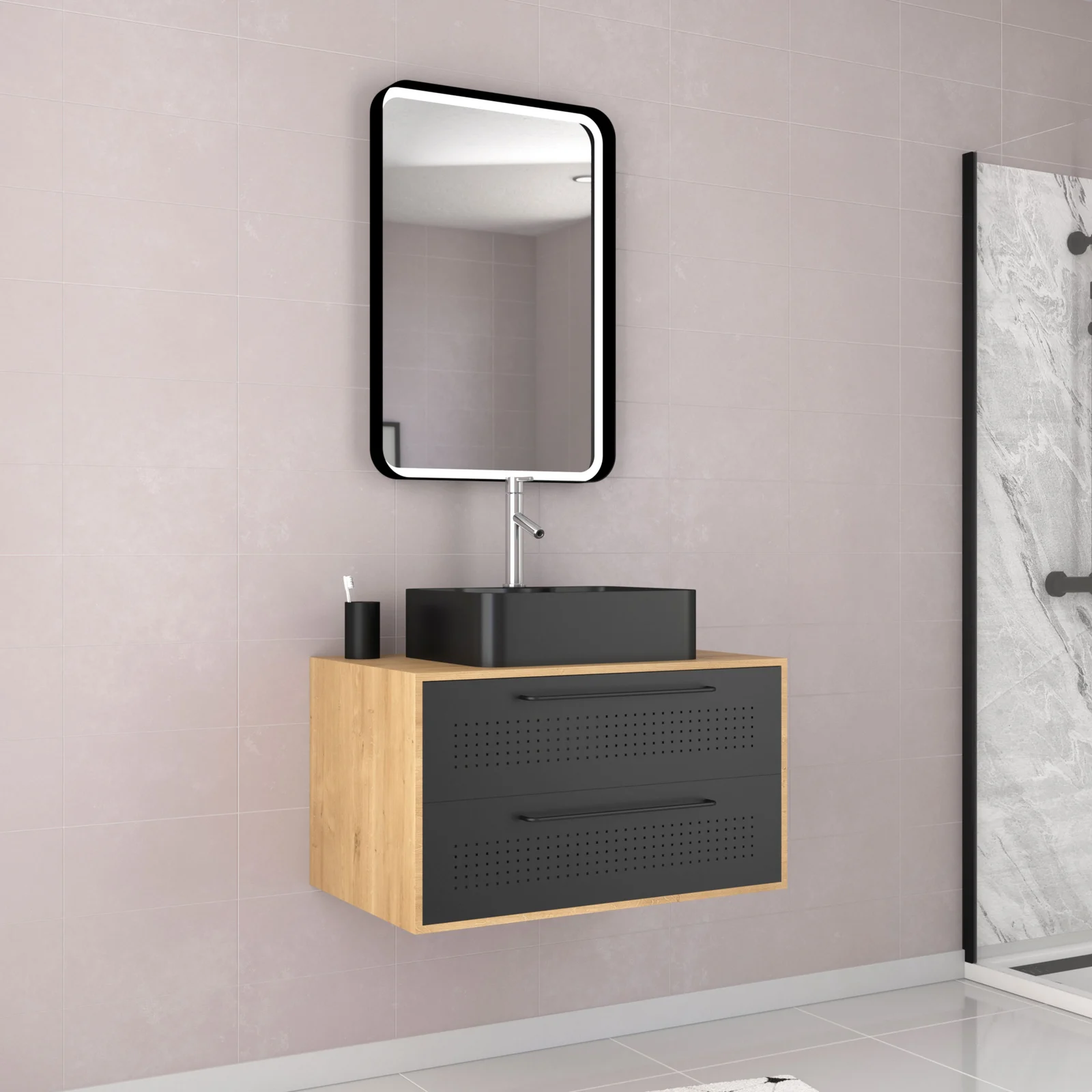 Meuble Salle de Bains 80 cm, Vasque Rectangulaire et Miroir Led - Chêne naturel et Noir Mat - UBY