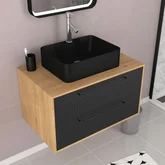 Meuble Salle de Bains 80 cm, Vasque Rectangulaire et Miroir Led - Chêne naturel et Noir Mat - UBY