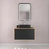 Meuble Salle de Bains 80 cm, Vasque Rectangulaire et Miroir Led - Chêne naturel et Noir Mat - UBY