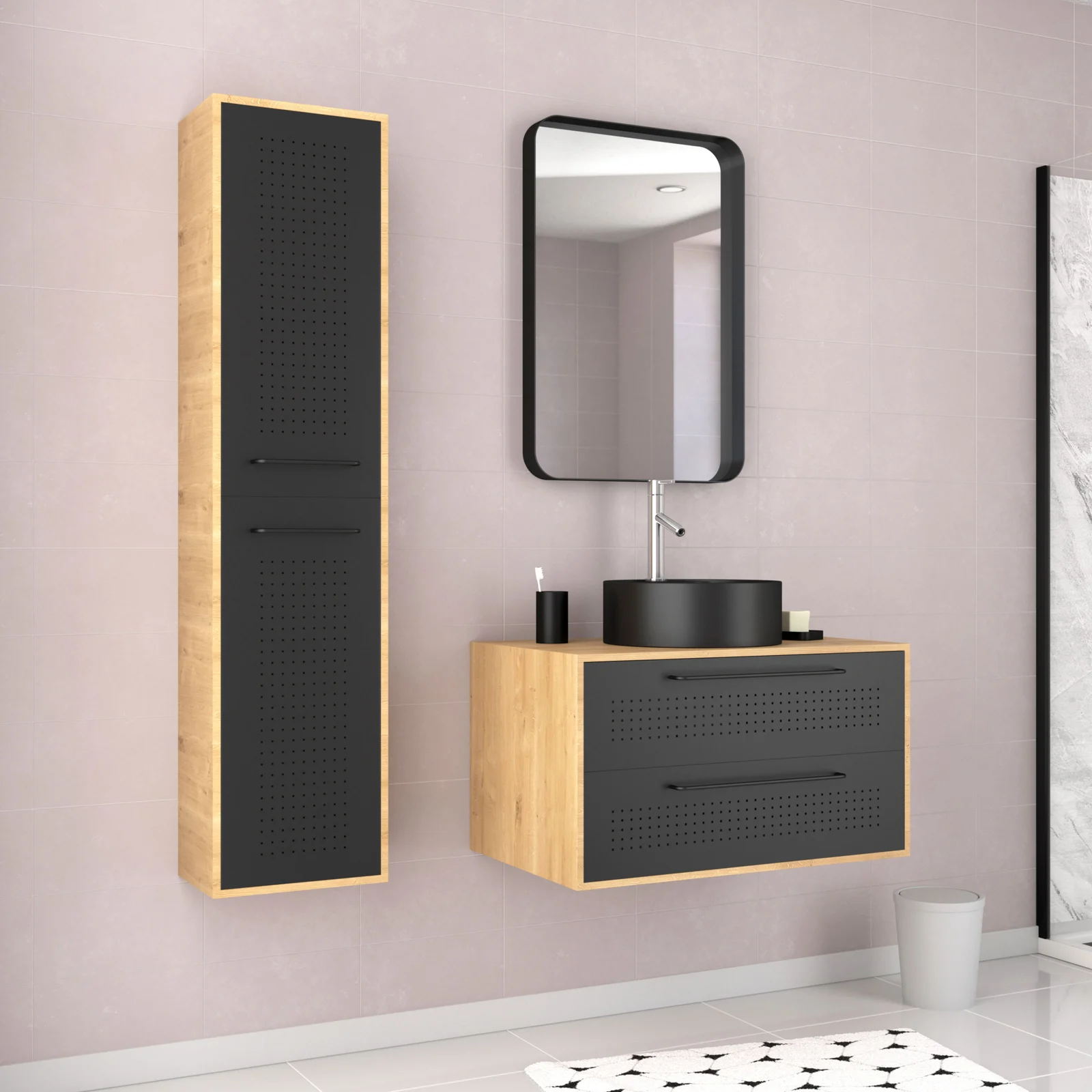 Meuble Salle de Bains 80 cm, Vasque Ronde, Miroir et Colonne - Chêne naturel et Noir - UBY