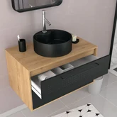 Meuble Salle de Bains 80 cm, Vasque Ronde, Miroir et Colonne - Chêne naturel et Noir - UBY