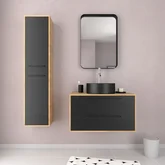 Meuble Salle de Bains 80 cm, Vasque Ronde, Miroir et Colonne - Chêne naturel et Noir - UBY