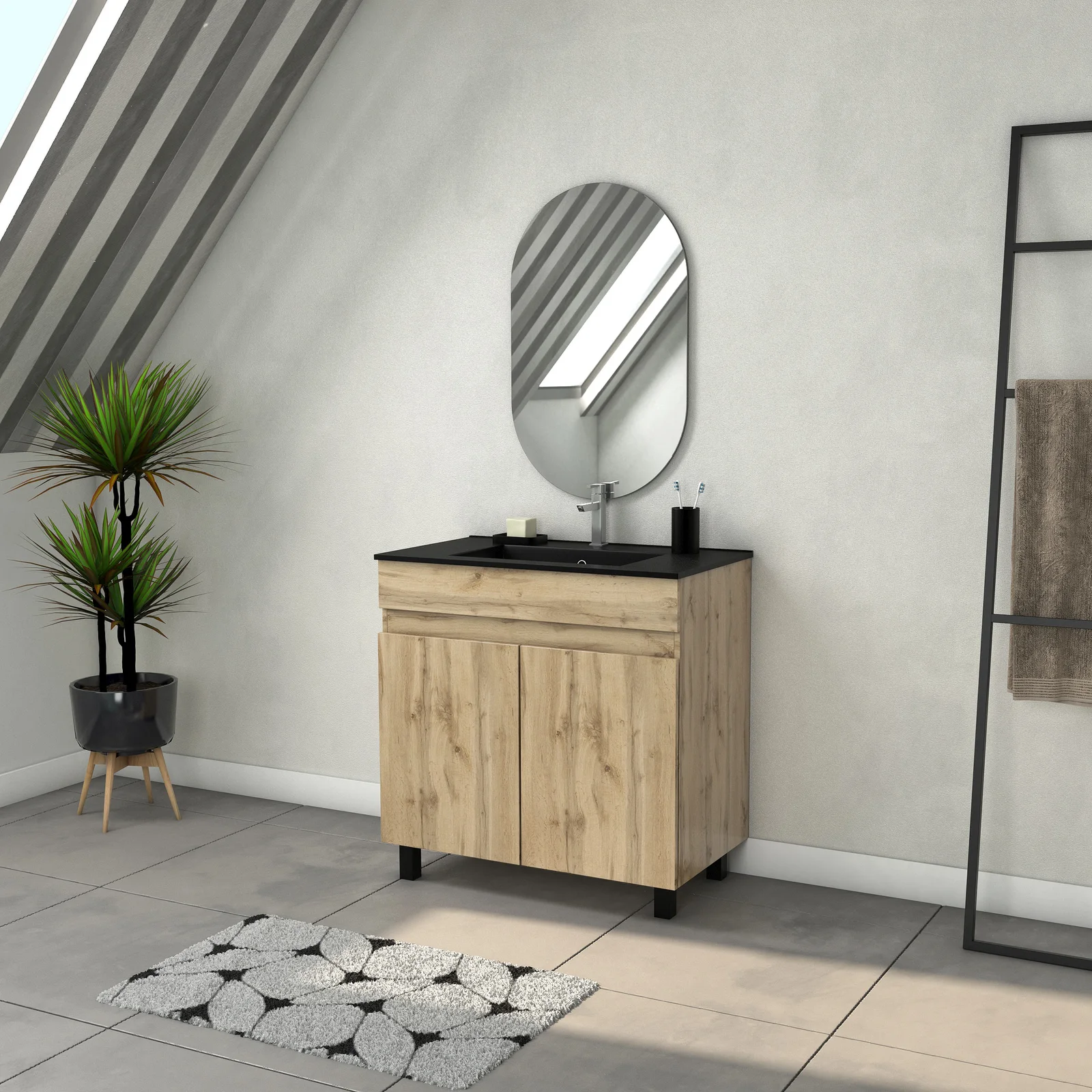 Meuble Salle de Bains 80cm 2 Portes Chêne Industriel + Vasque Noire et Miroir Ovale Meuble Salle de Bains 80cm 2 Portes Chêne Industriel + Vasque Noire et Miroir Ovale