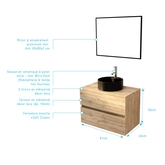 Meuble Salle de Bains 80cm 2 Tiroirs Chêne Naturel + Vasque Ronde Noire 41cm et Miroir 60x80cm