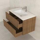 Meuble Salle de Bains 80cm 2 Tiroirs Décor Chêne et Noir Cranté - Vasque Blanche Mate - YUKI