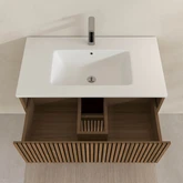 Meuble Salle de Bains 80cm 2 Tiroirs Décor Chêne et Noir Cranté - Vasque Blanche Mate - YUKI