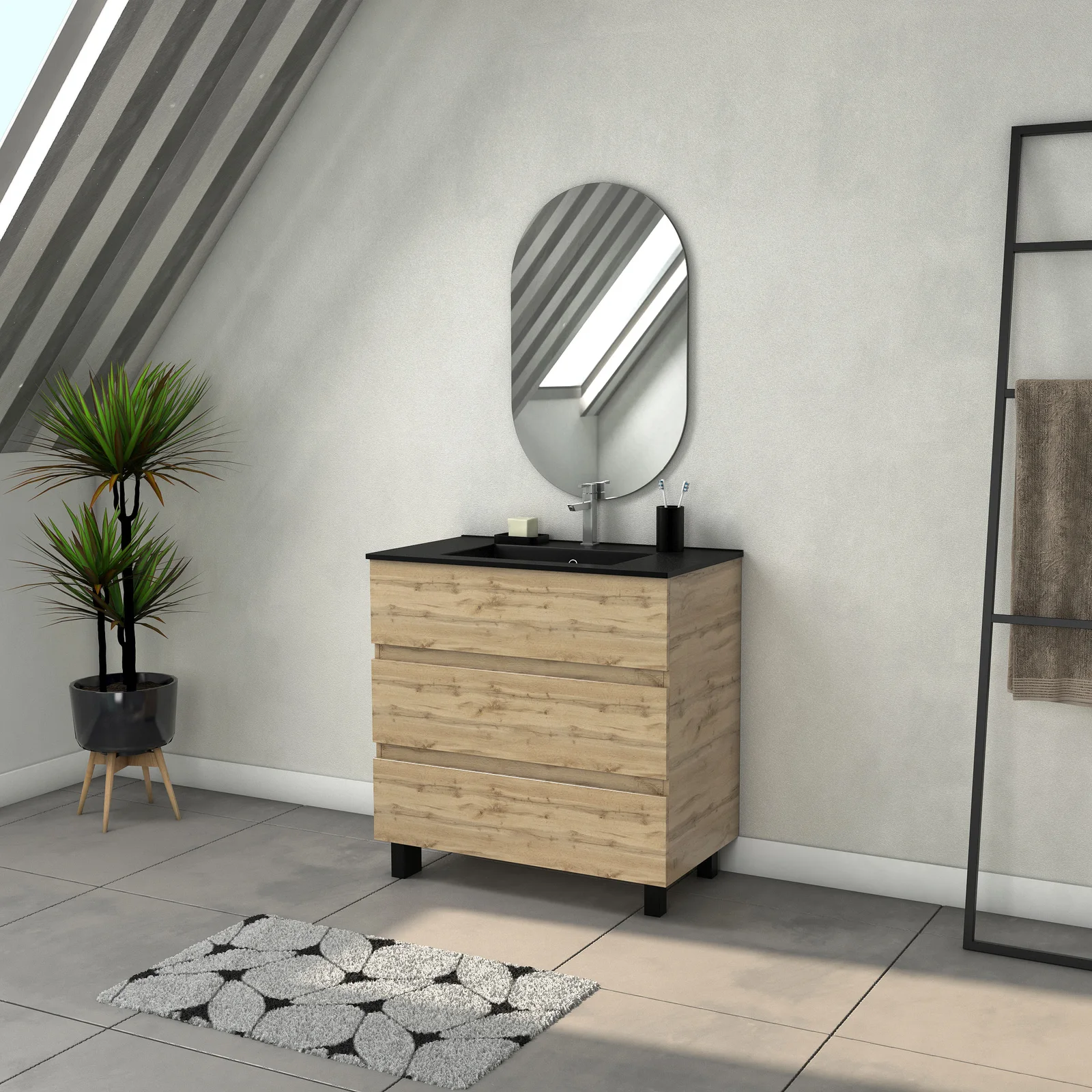 Meuble Salle de Bains 80cm 3 Tiroirs Chêne Industriel + Vasque Noire et Miroir Ovale Meuble Salle de Bains 80cm 3 Tiroirs Chêne Industriel + Vasque Noire et Miroir Ovale
