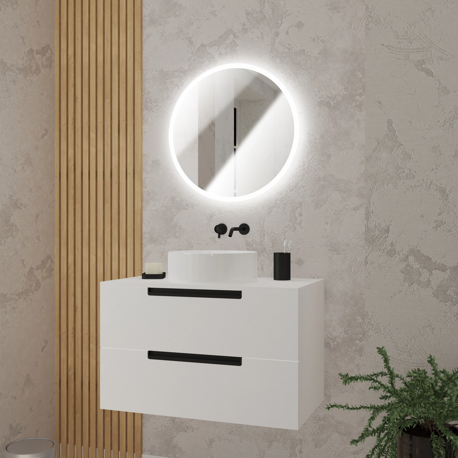 Meuble salle de bains 80cm Blanc Laqué 2 tiroirs - Vasque Blanche Ø36cm et Miroir Rond à Led - JAZZ Meuble salle de bains 80cm Blanc Laqué 2 tiroirs - Vasque Blanche Ø36cm et Miroir Rond à Led - JAZZ