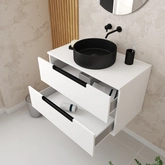 Meuble salle de bains 80cm Blanc Laqué 2 tiroirs - Vasque Noire Ø36cm et Miroir Rond - JAZZ