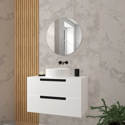 Meuble salle de bains 80cm Blanc Laqué 2 tiroirs - Vasque Blanche Ø36cm et Miroir Rond Ø60cm - JAZZ