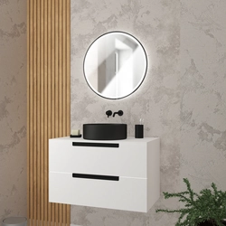 Meuble salle de bains 80cm Blanc Laqué 2 tiroirs - Vasque Noire Ø36cm et Miroir Rond Black Led - JAZZ