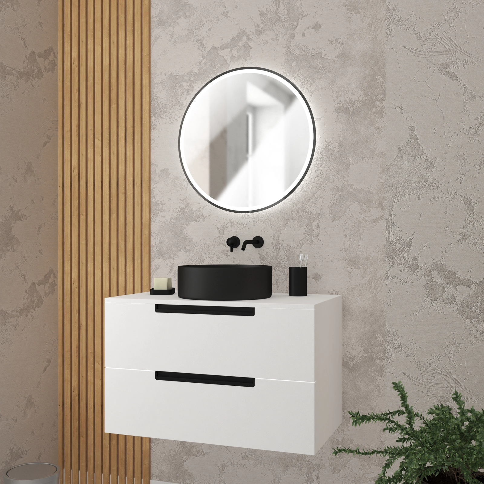 Meuble salle de bains 80cm Blanc Laqué 2 tiroirs - Vasque Noire Ø36cm et Miroir Rond Black Led - JAZZ Meuble salle de bains 80cm Blanc Laqué 2 tiroirs - Vasque Noire Ø36cm et Miroir Rond Black Led - JAZZ