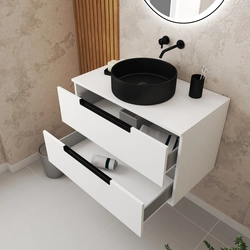 Meuble salle de bains 80cm Blanc Laqué 2 tiroirs - Vasque Noire Ø36cm et Miroir Rond Black Led - JAZZ