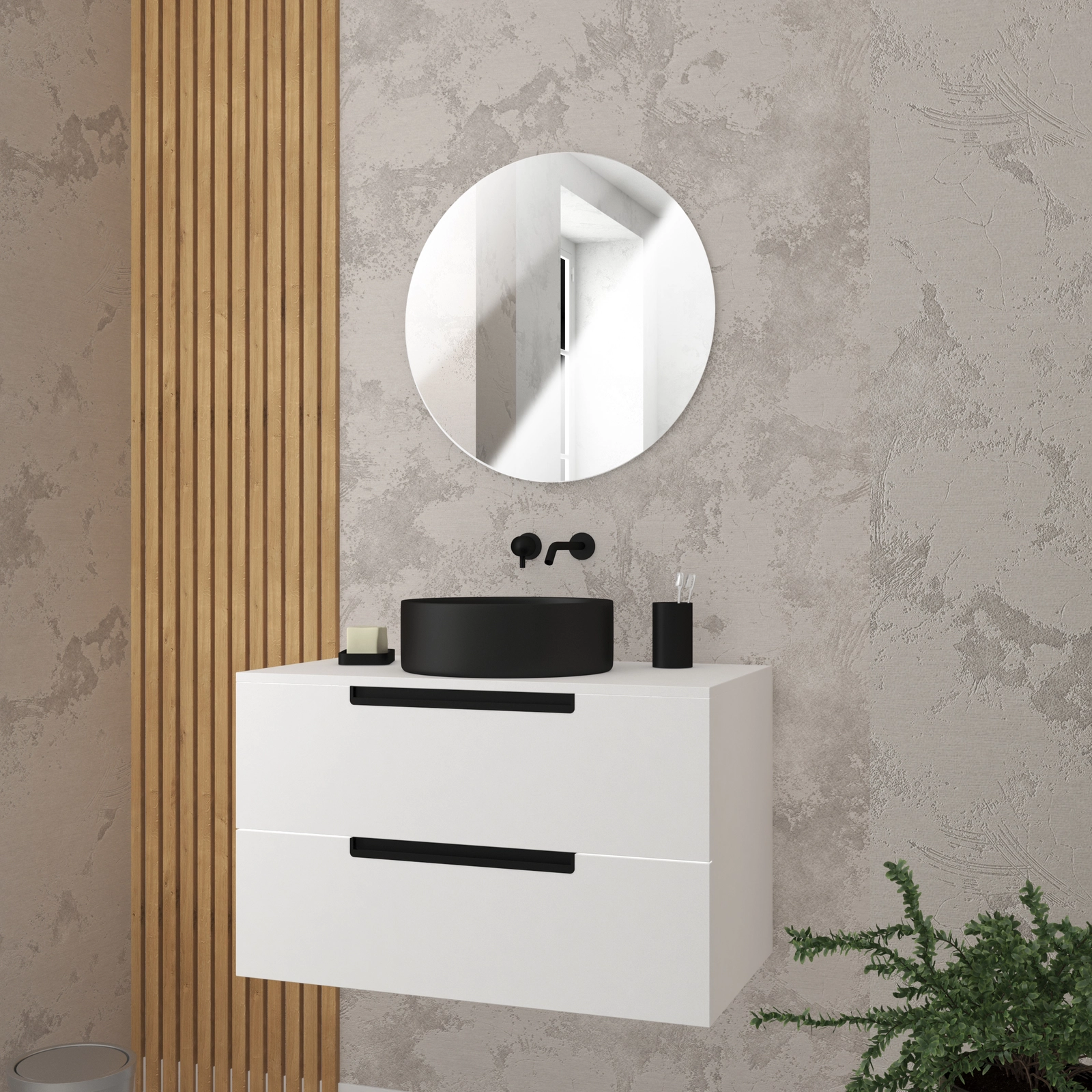 Meuble salle de bains 80cm Blanc Laqué 2 tiroirs - Vasque Noire Ø36cm et Miroir Rond - JAZZ Meuble salle de bains 80cm Blanc Laqué 2 tiroirs - Vasque Noire Ø36cm et Miroir Rond - JAZZ