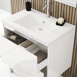 Meuble salle de bains 80cm Blanc laqué à tiroirs, Vasque Résine Blanche, Miroir et Led - NATURA MOOD