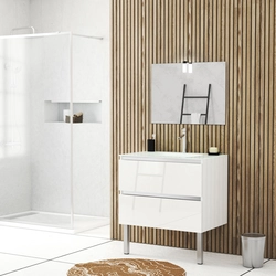 Meuble salle de bains 80cm Blanc laqué à tiroirs, Vasque Verre Blanc, Miroir et Led - NATURA MOOD