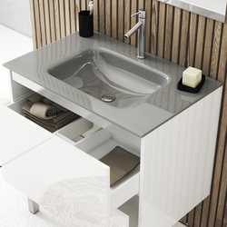 Meuble salle de bains 80cm Blanc laqué à tiroirs, Vasque Verre Gris, Miroir et Led - NATURA MOOD