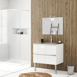 Meuble salle de bains 80cm Blanc laqué à tiroirs, Vasque Verre Gris, Miroir et Led - NATURA MOOD