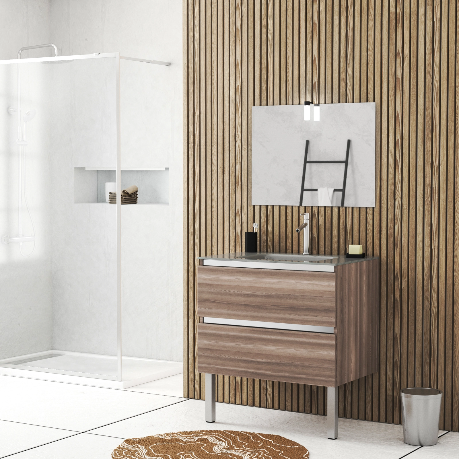 Meuble salle de bains 80cm Chêne Brun à tiroirs, Vasque Verre Gris, Miroir et Led - NATURA MOOD Meuble salle de bains 80cm Chêne Brun à tiroirs, Vasque Verre Gris, Miroir et Led - NATURA MOOD
