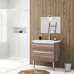 Meuble salle de bains 80cm Chêne Brun à tiroirs, Vasque Résine Blanche, Miroir et Led - NATURA MOOD