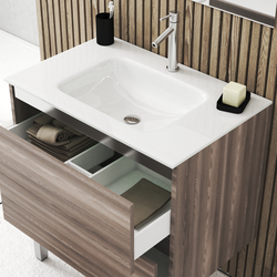 Meuble salle de bains 80cm Chêne Brun à tiroirs, Vasque Verre Blanc, Miroir et Led - NATURA MOOD