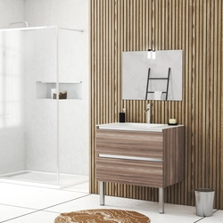 Meuble salle de bains 80cm Chêne Brun à tiroirs, Vasque Verre Blanc, Miroir et Led - NATURA MOOD