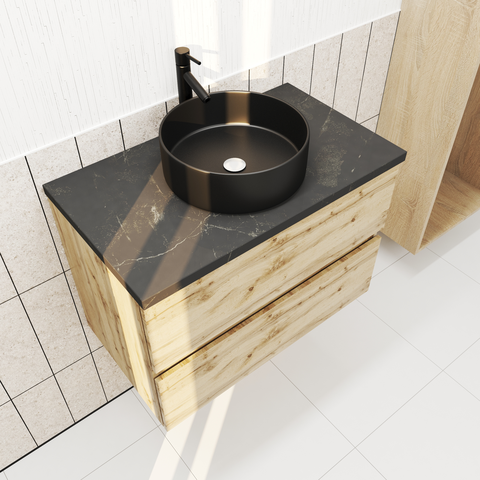 Meuble salle de bains 80cm Chêne Naturel 2 Tiroirs Plan en Bois Effet Marbre Noir + Vasque Ronde Noire Meuble salle de bains 80cm Chêne Naturel 2 Tiroirs Plan en Bois Effet Marbre Noir + Vasque Ronde Noire