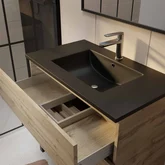 Meuble salle de bains 80cm décor chene naturel 3 tiroirs - Vasque noire et Miroir - TIMBER