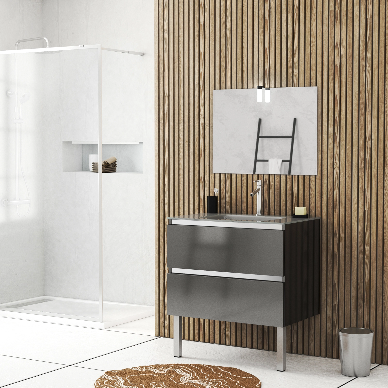 Meuble salle de bains 80cm Gris laqué à tiroirs, Vasque Verre Gris, Miroir et Led - NATURA MOOD Meuble salle de bains 80cm Gris laqué à tiroirs, Vasque Verre Gris, Miroir et Led - NATURA MOOD