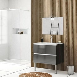 Meuble salle de bains 80cm Gris laqué à tiroirs, Vasque Verre Blanc, Miroir et Led - NATURA MOOD