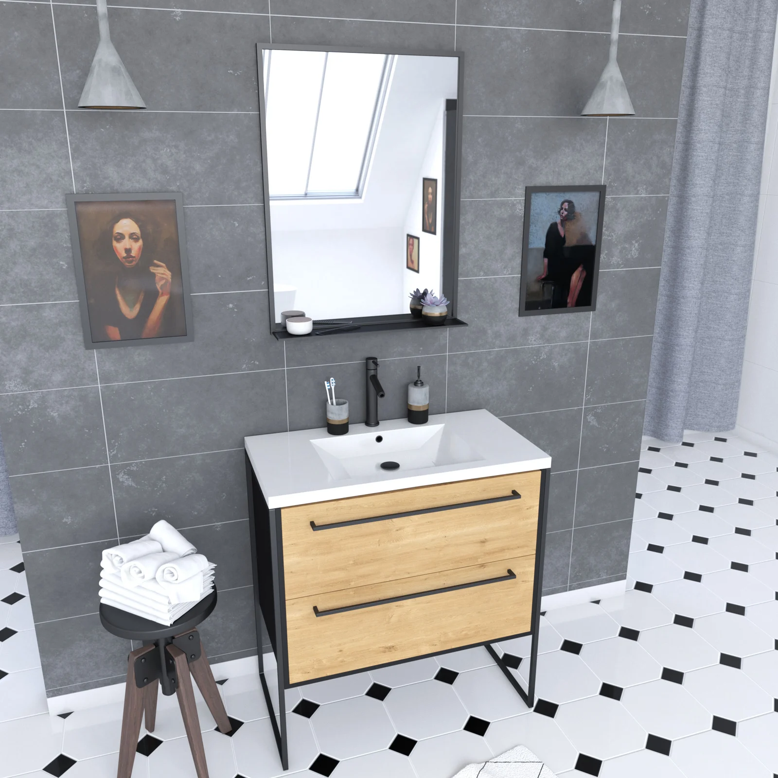 Meuble Salle de Bains 80cm Tiroirs Finition Chêne et Noir - Vasque Blanche - miroir - STRUCTURA Meuble Salle de Bains 80cm Tiroirs Finition Chêne et Noir - Vasque Blanche - miroir - STRUCTURA