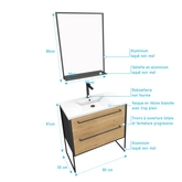 Meuble Salle de Bains 80cm Tiroirs Finition Chêne et Noir - Vasque Blanche -  miroir - STRUCTURA
