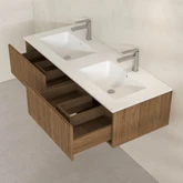 Meuble Salle de Bains YUKI 120 - 2 Tiroirs Décor Chêne et Noir - Vasque Blanche - Miroirs LED Ø50